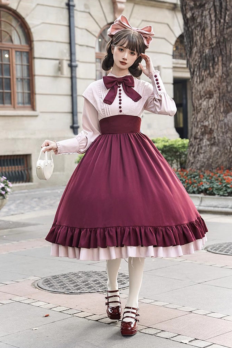 Elegant Rose-Embroidered Long-Sleeve Ruffle Bow Dress with Faux Two-Piece Style in 2 Shades