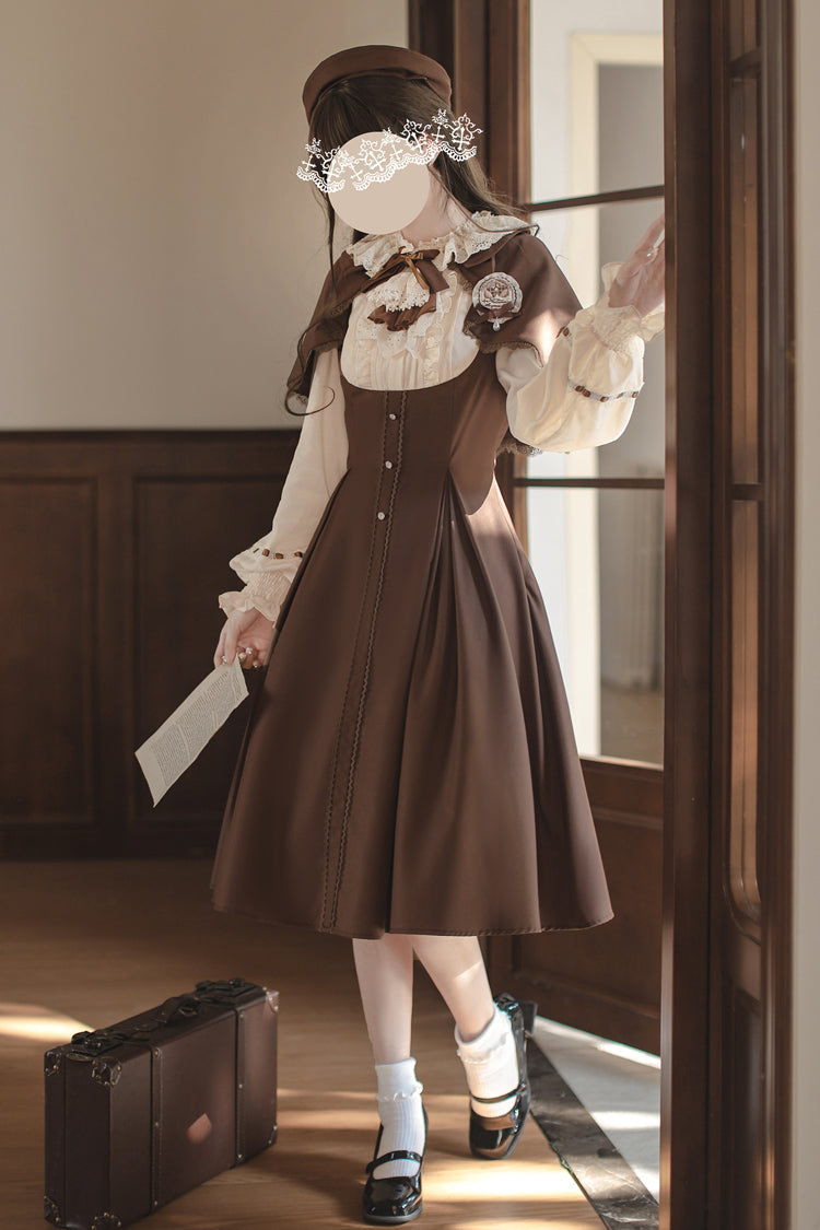 Fake Two Piece Vintage Ruffle Bowknot Lolita Dress Brown White