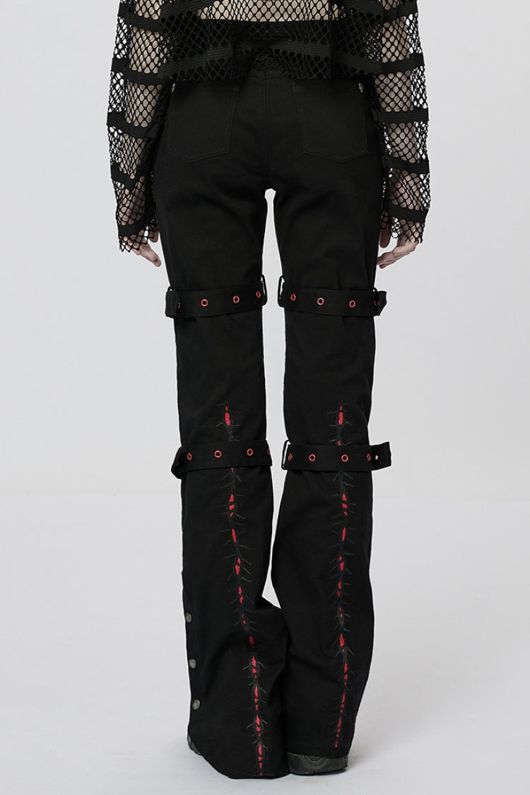 Crimson & Noir Steampunk Buckle Accent Flared Trousers for Women