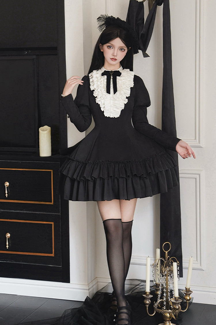 Black Miss Weir Stand Collar Long Sleeved Double-Layered Ruffled Gothic Dress