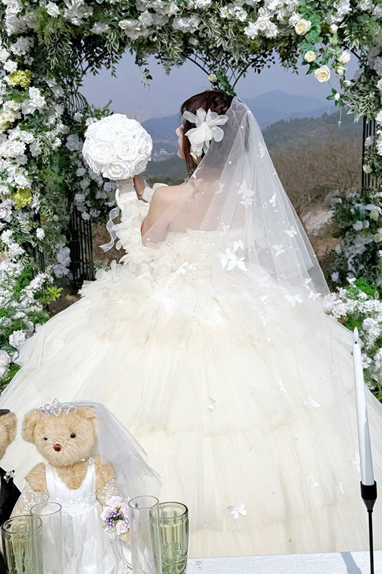 Apricot Sweet Lolita JSK Long Dress with Triple-Layer Ruffled Hanayome Bow Lace-Up and Sleeveless Design