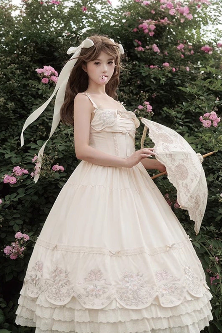 Apricot Princess Lolita JSK Dress with Triple-Layer Ruffles Embroidery Bowknot and Lace