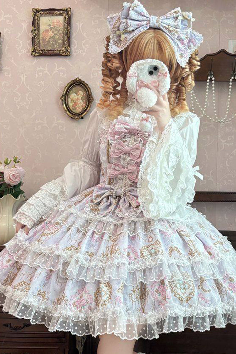 Candelabrum Elegy Violet Triple-Layered Flower Wall Print Ruffled Bow Lace Lolita JSK - Candelabrum Elegy