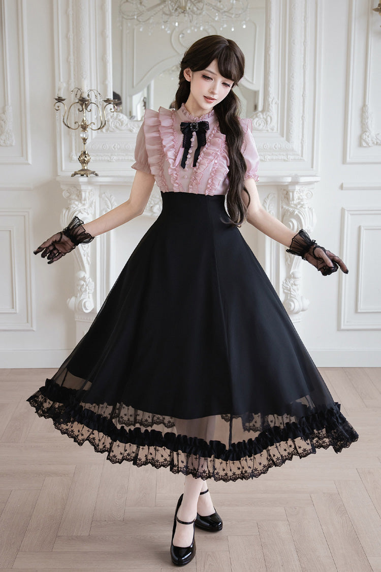 Miss Lola Snow Kiss Stand Collar Short Puff Sleeves Ruffled Color-Blocked Faux Two-Piece Sweet Lolita Long Dress 3 Colors - Black