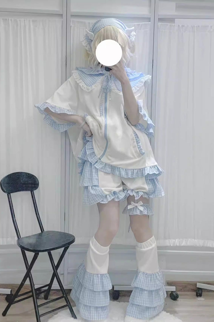 White/Blue Heart Signal Half Sleeve Plaid Print Hooded Sweet Jirai Kei Japanese Jacket