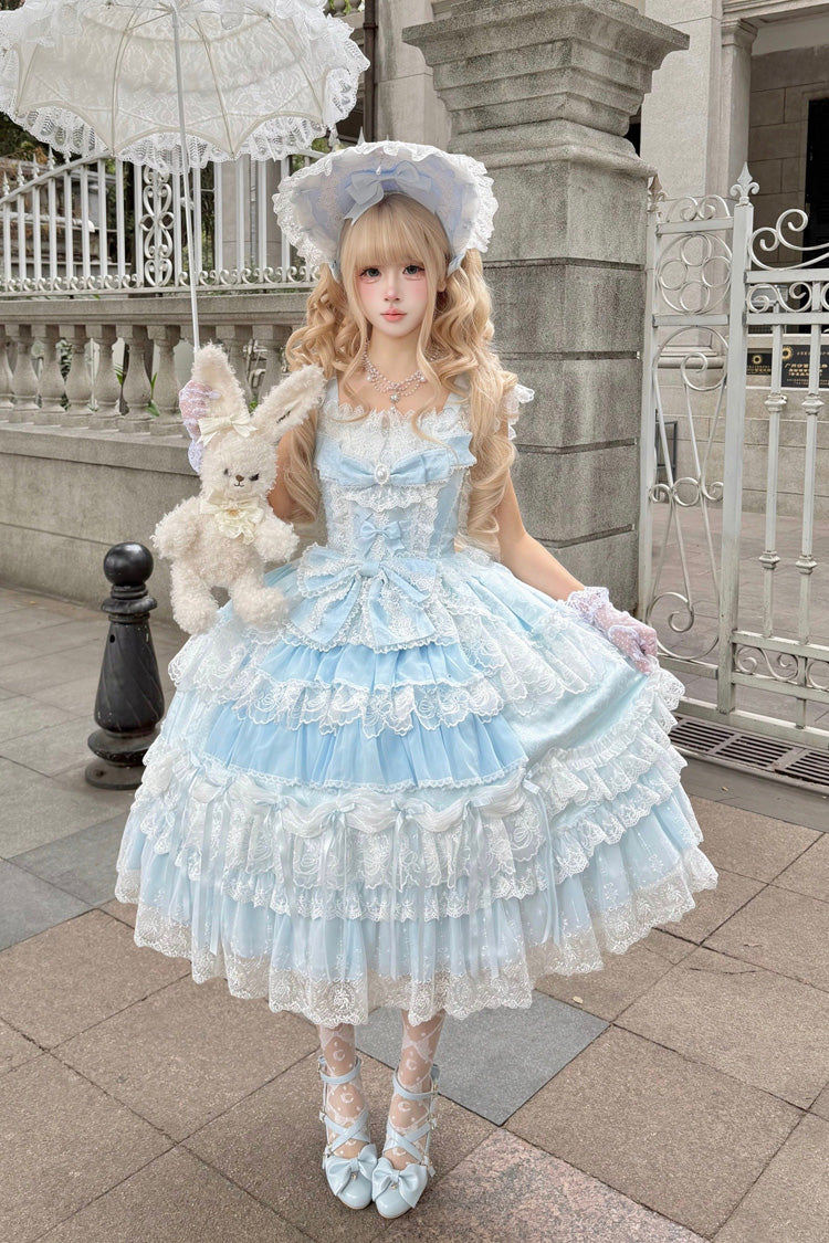 Eternal Floral Message Square Collar Sleeveless Multi-Layered Embroidered Bow Lace Sweet Lolita Jsk Dress - Blue