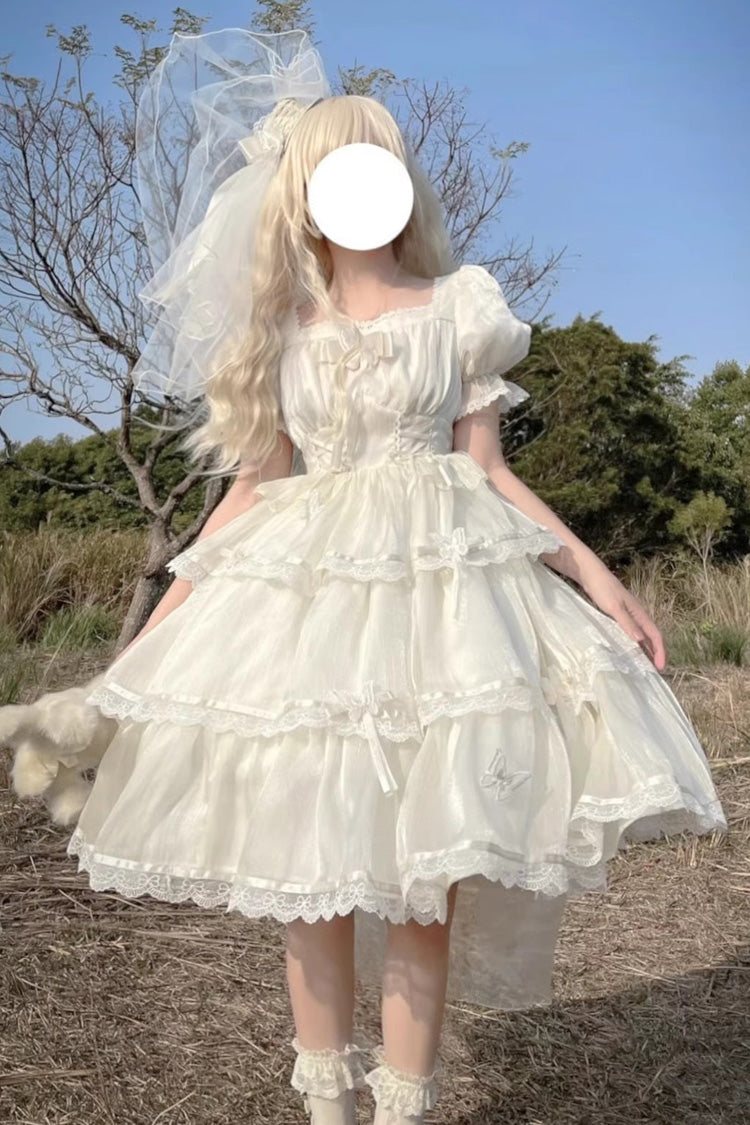 Ivory Square Neck Short Sleeve High-Waist Multi-Layer Ruffle Plus Size Lolita Dress