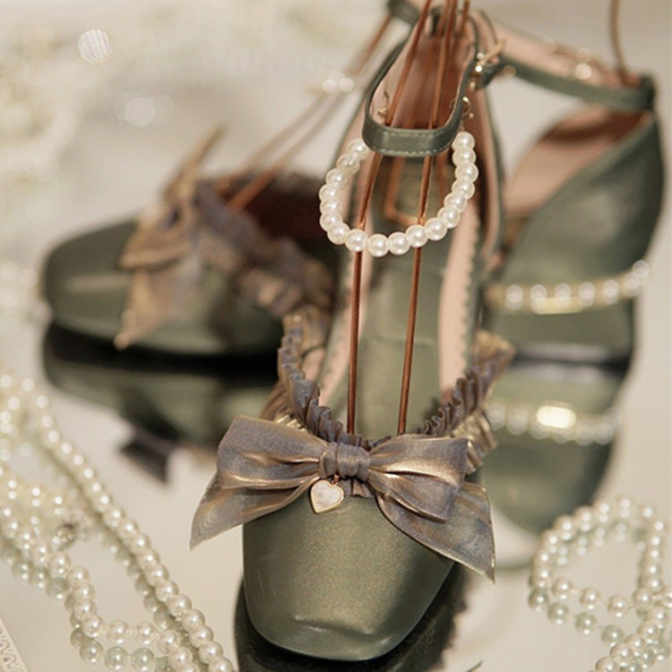 Sweet Lolita Footwear with Bow, Lace, and Pearl Accents in 4 Colors