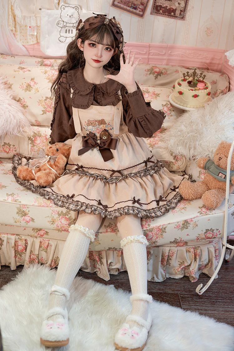 Khaki Cute Bear Embroidered Sleeveless Double Layer Ruffle Bow Sweet Jsk Dress