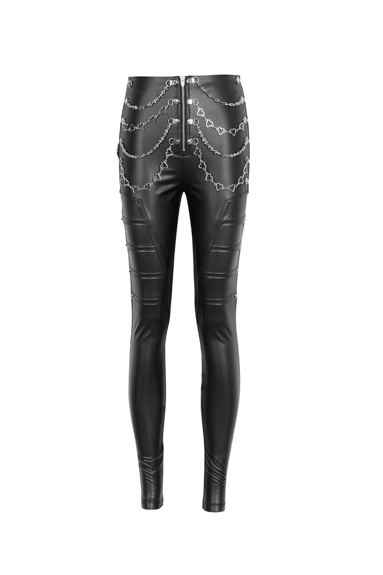 Skinny Faux Leather Punk Pants with Chain Studs for Women