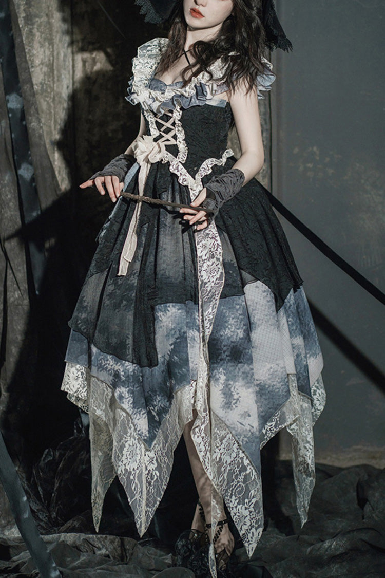 Ink Lace Sleeveless Gown with Poetic Print and Flowing Hem