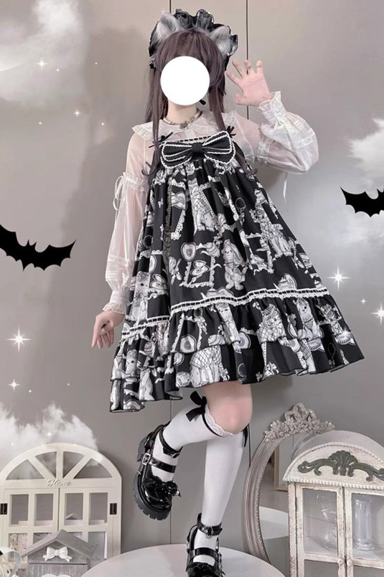 Black Wolf Detective Printed Ruffled Bow Sweet Lolita Jumper Dress