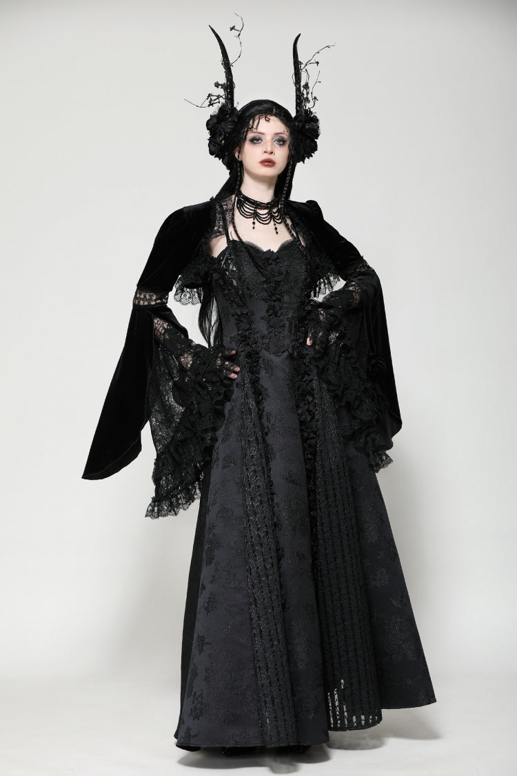Jet-Black Gothic Cape with Flared Sleeves and Ruffled Lace Trim