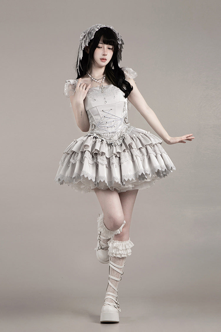 Bionic Doll Square Collar Gothic Lolita Corset Set with Multi-Layer Ruffles, Short Skirt