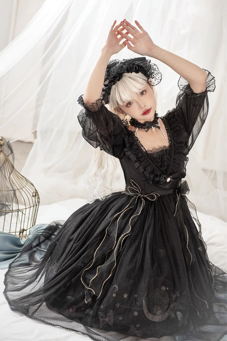 Black Planet Butterfly Printed Gothic Lolita Dress - High-Waisted Ruffled Lace