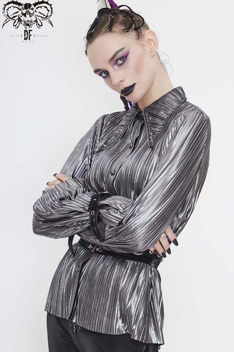 Punk Shirt with Metal Buckles and Pointed Collar