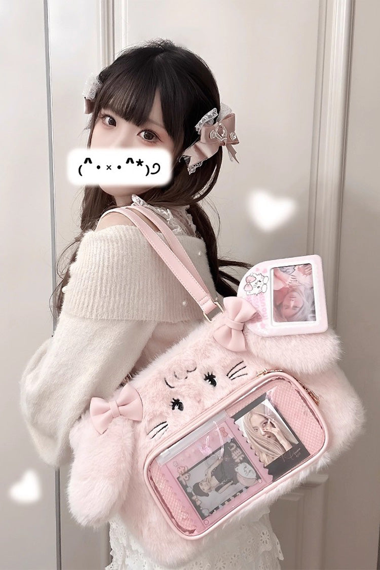 Cute Bow-Trimmed Bunny and Cat Plush Ita Bag in Two Colors
