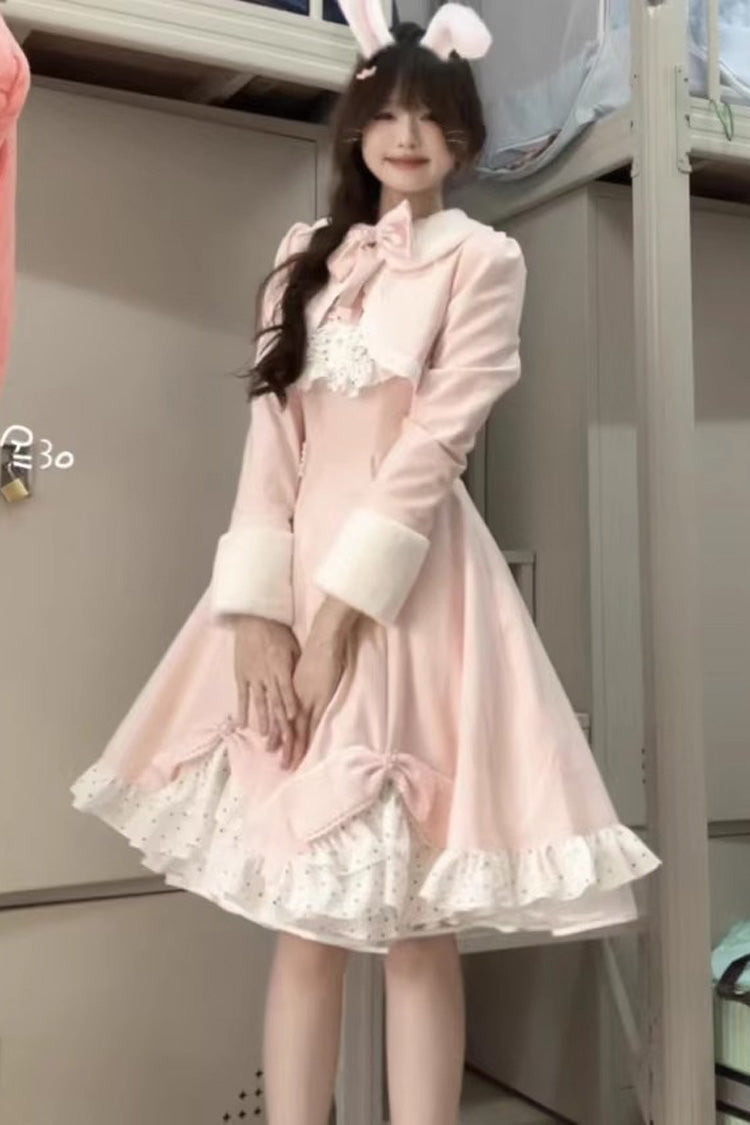 Pink Long Sleeves Ruffled Bow Sweet Princess Lolita Dress Coat Set - Miss Brown