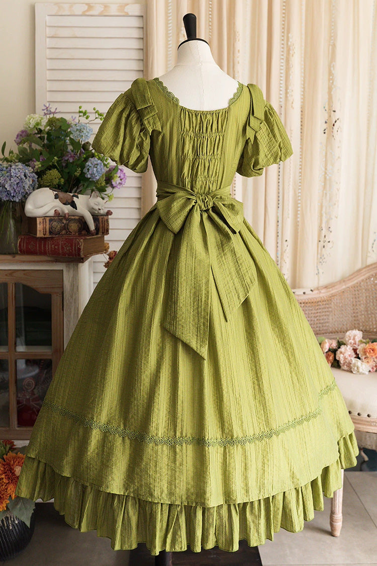 Square Collar Ruffled Bow Dress - Forest Gallery