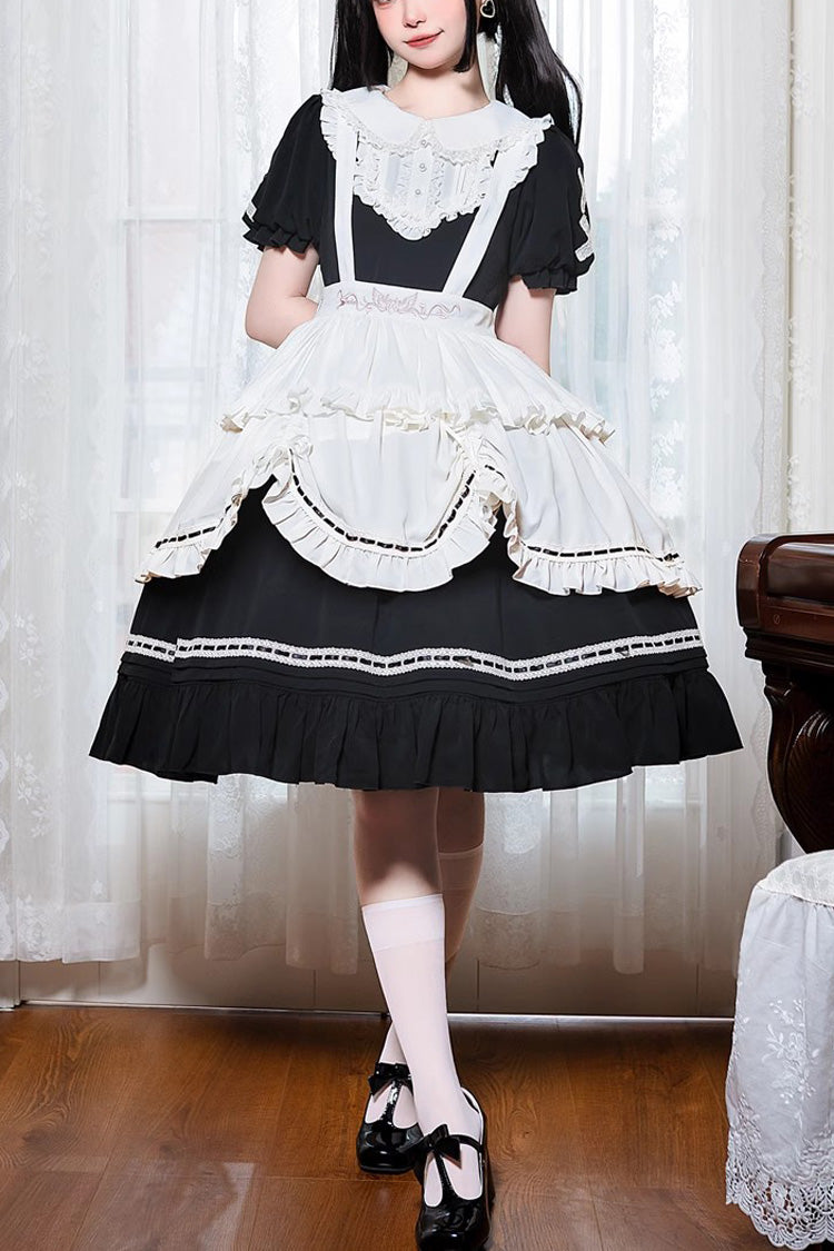 Black Lapel Collar Short Sleeves Ruffle Bowknot Gothic Lolita Maid Dress