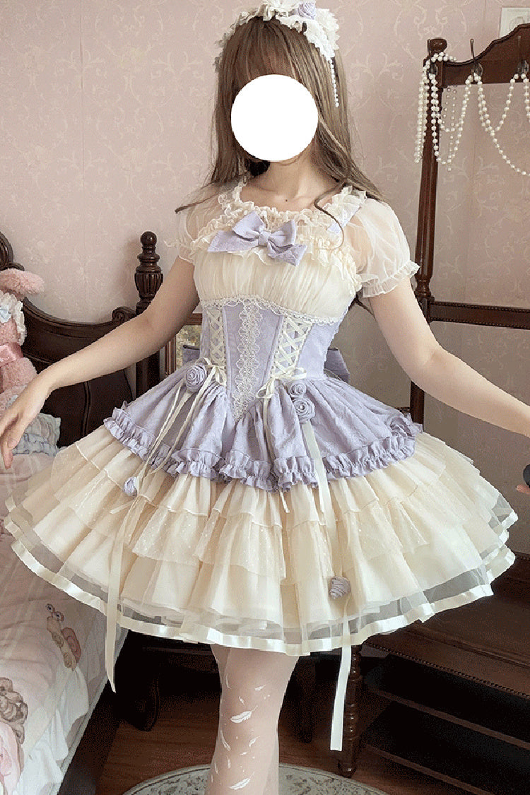 Triple-Layered Ballet Bow Lace-Up Sweet JSK Dress in Purple Ivory