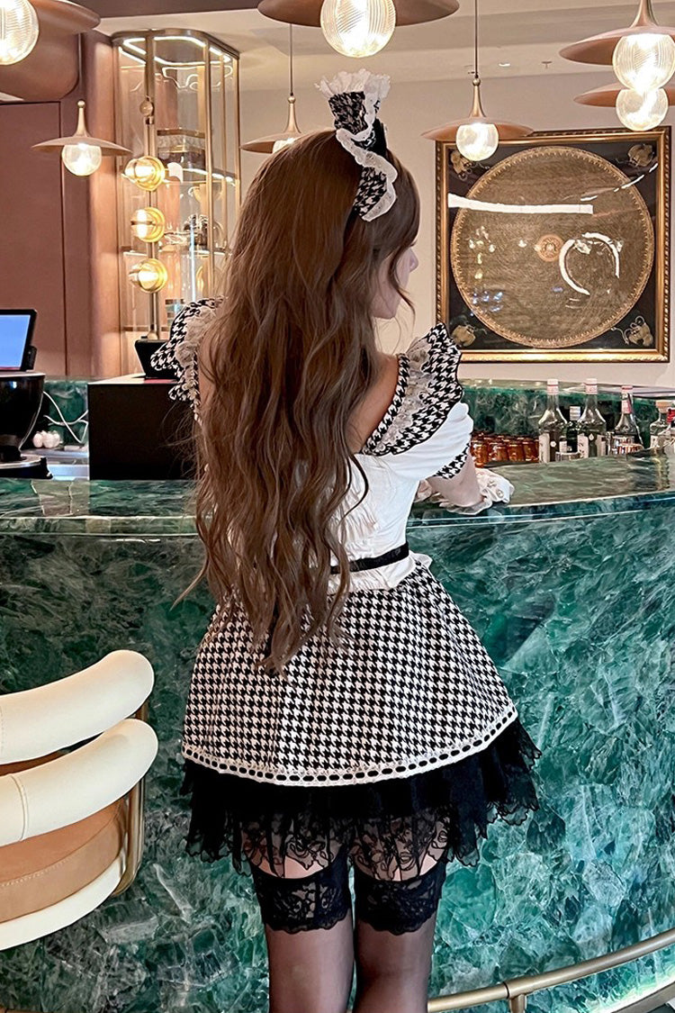 Black/White Square Collar Short Sleeve Print Ruffle Bow Maid Dress