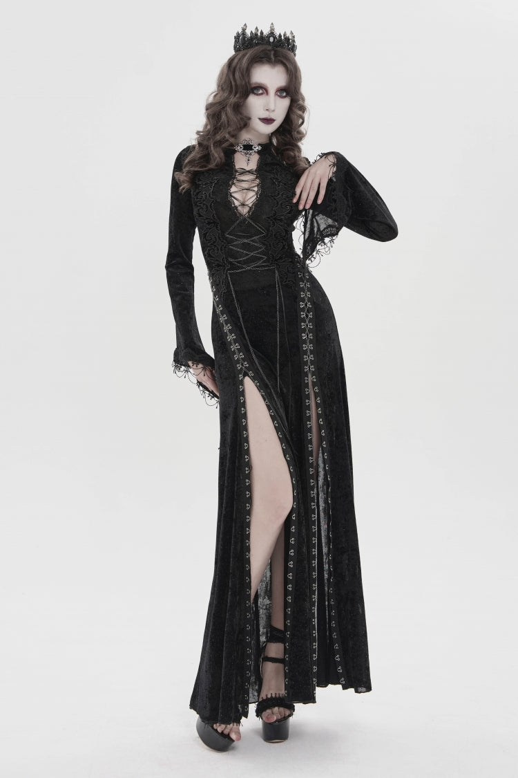 Dramatic Black Hanayome Lace Lace-Up Chain-Decorated Trumpet Sleeve Halter Gothic Plunging Split Maxi Gown
