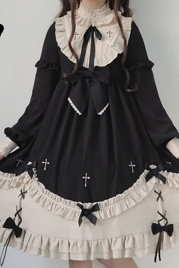 Coal Crewneck Chest Bow Cross Print Ruffled Sweet Lolita OP Dress
