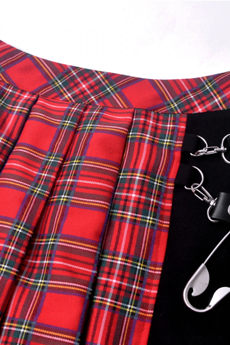 Crimson Plaid Pleated Punk Hem Skirt