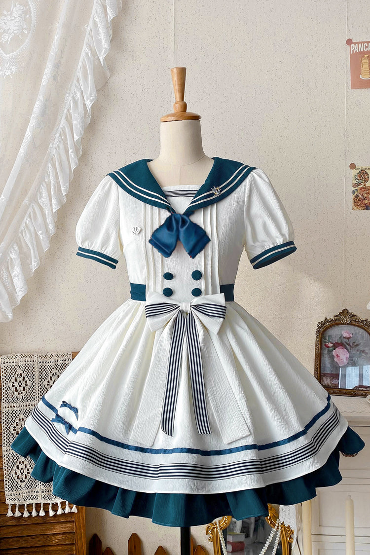 White/Green Navy Collar Short Sleeve Ruffled Bow Sweet Lolita Dress