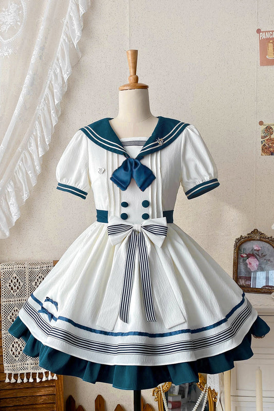 White/Green Navy Collar Short Sleeve Ruffled Bow Sweet Lolita Dress