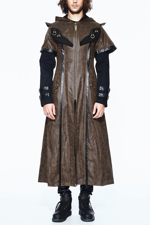 Steampunk Hooded Leather Coat with Dual Sleeves, Brown