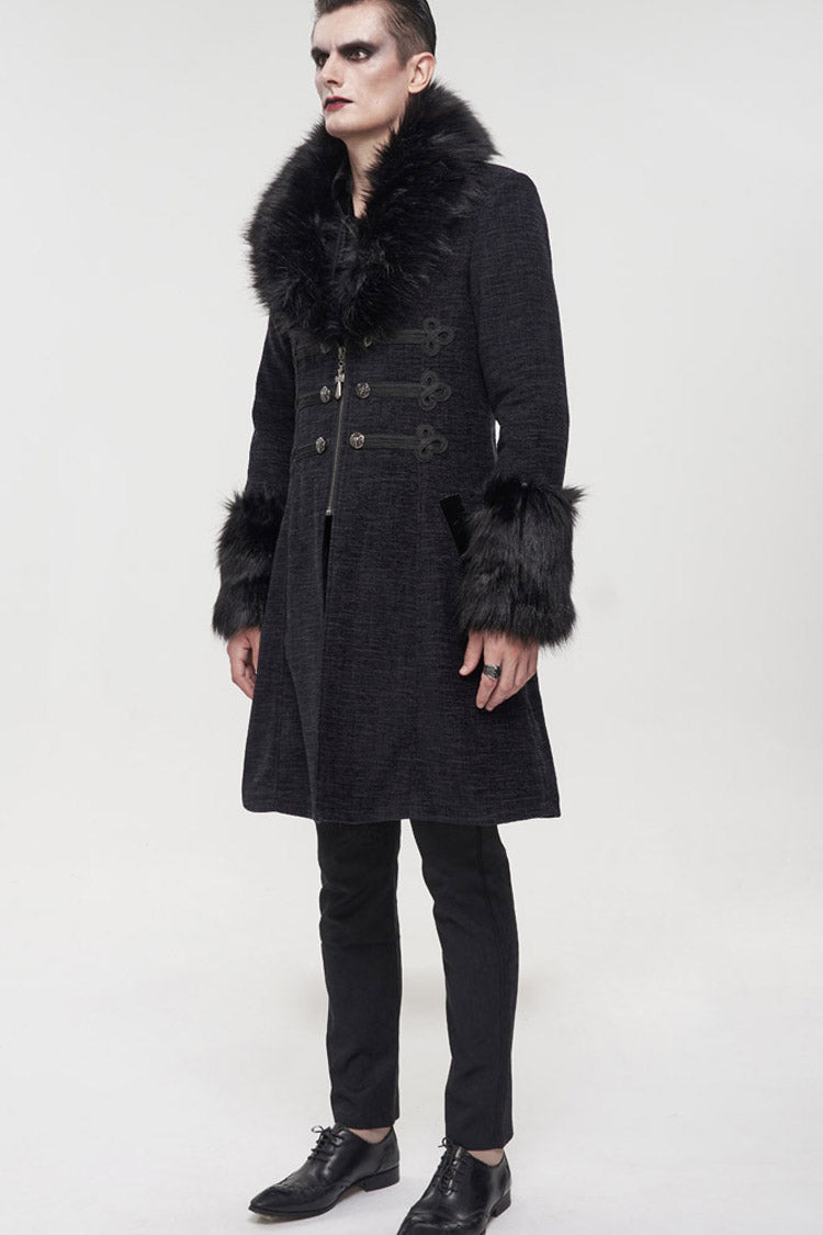 Gothic Men's Coat with Removable Fur Collar, Button Accents