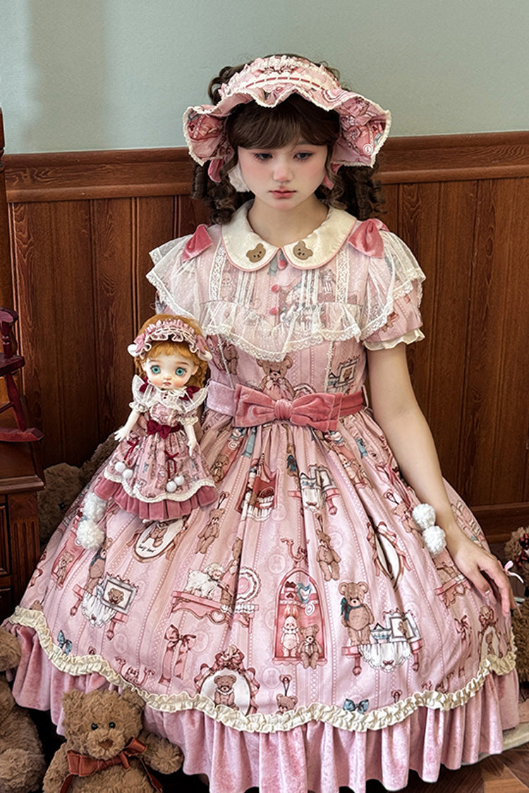 Bear Print Short-Sleeve Ruffled Bow Dress