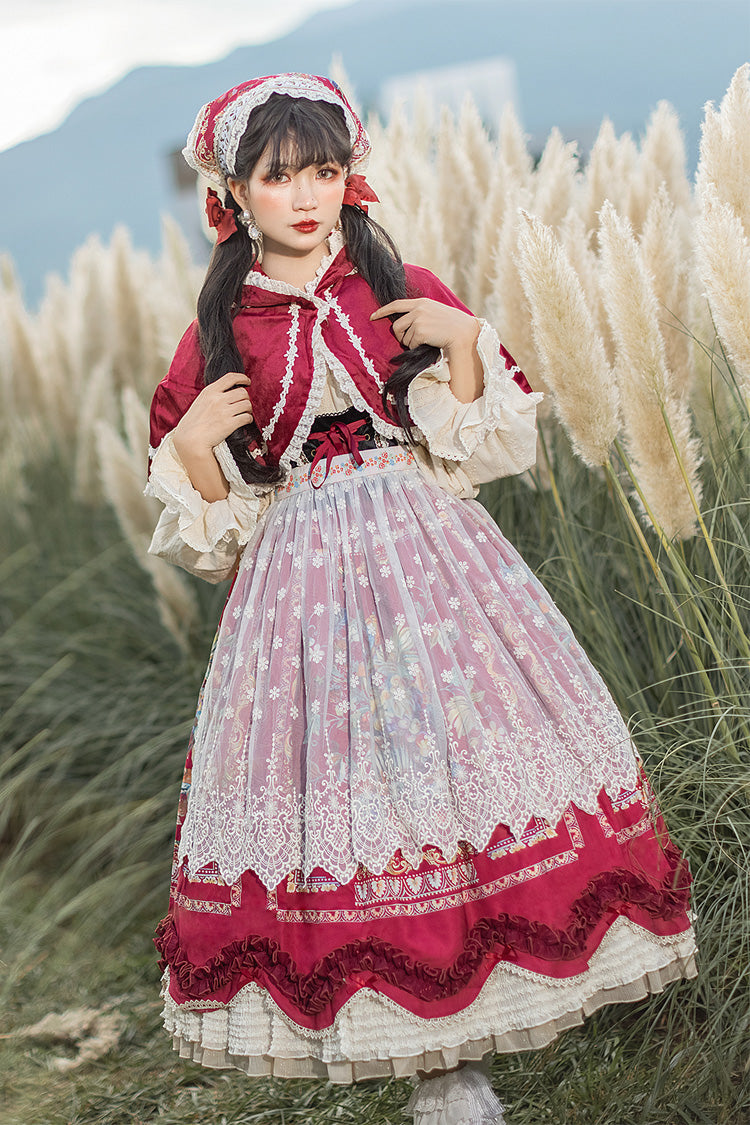 Wine Red Velvet Classic Lolita JSK Dress with Berries and Birds Print Ruffle Bowknot