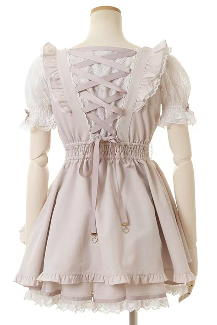 Cute Square-Neck Bow-Trimmed Short-Sleeve Lace Dress Set in Three Colors