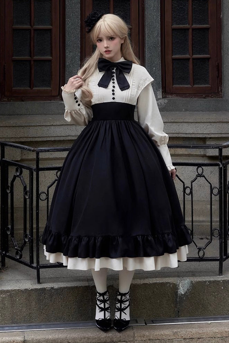 Elegant Rose-Embroidered Long-Sleeve Ruffle Bow Dress with Faux Two-Piece Style in 2 Shades