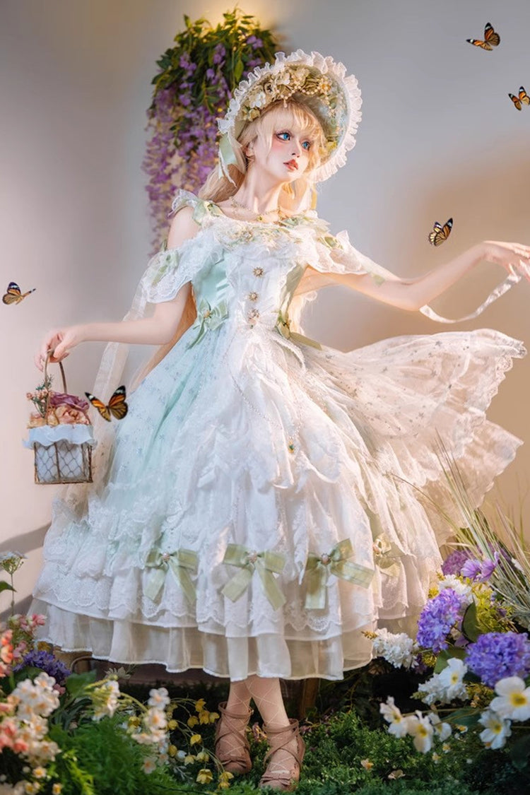 Glazed Phantom Off Shoulder Ruffle Hanayome Bow Lace Elegant Lolita Dress in Green
