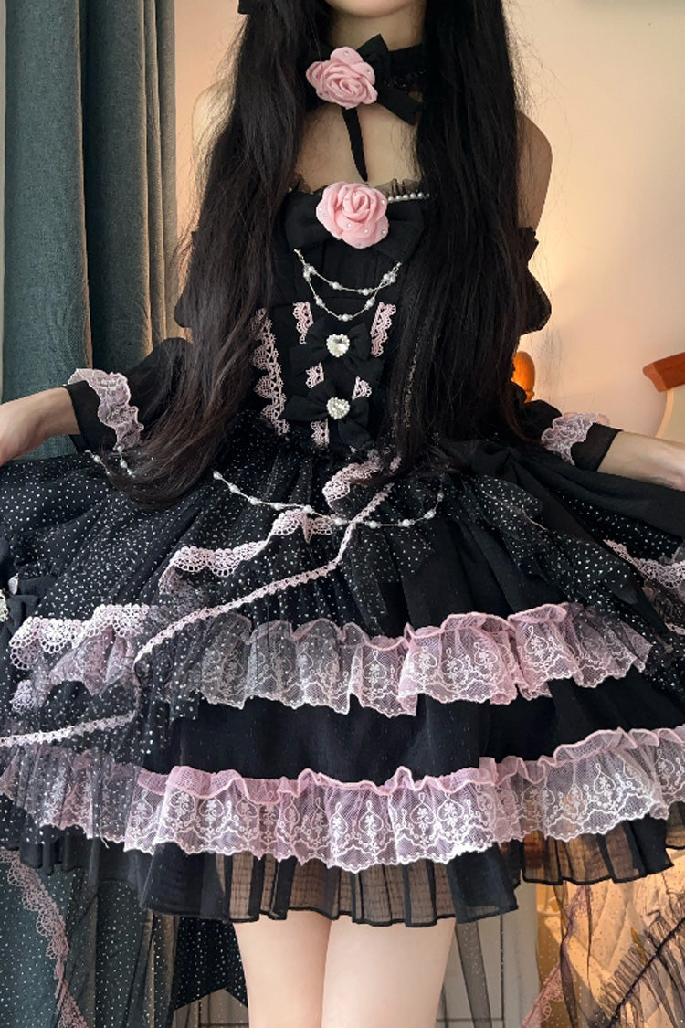 Black Pink Galaxy-Printed Tube Top Dress with Ruffles