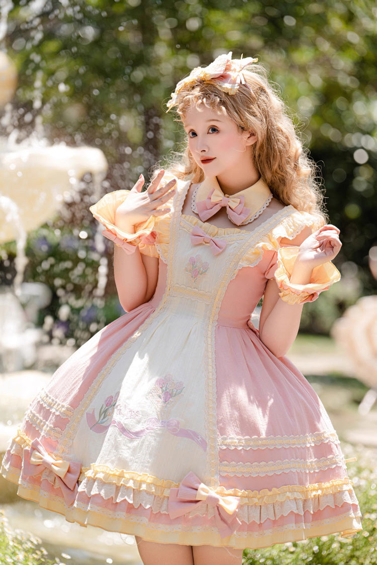 Pink Tulip Print Short-Sleeve Ruffle Bow Sweet Lolita Dress