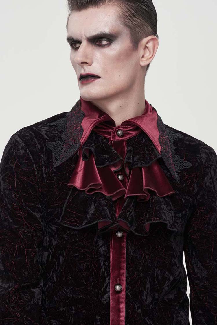 Crimson & Noir Velvet Stand Collar Ruffle Lantern Sleeve Gothic Shirt for Men
