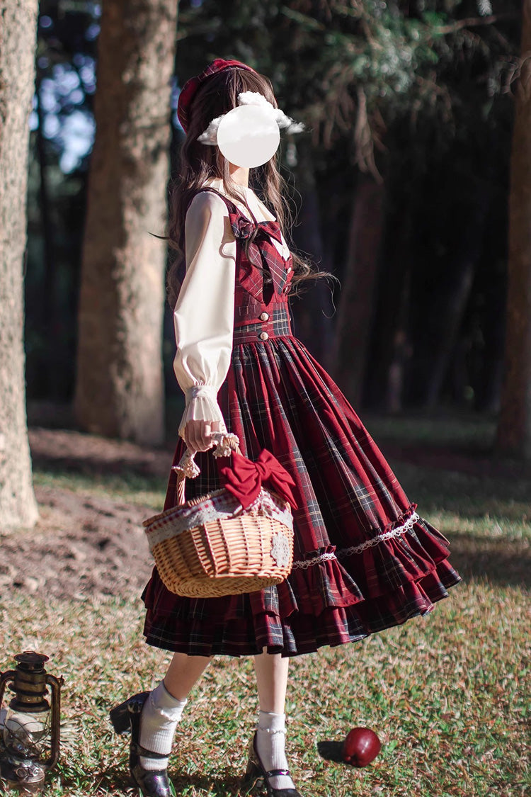 Red Plaid Print Bow Sweet Vintage Jumper - Little Red Riding Hood