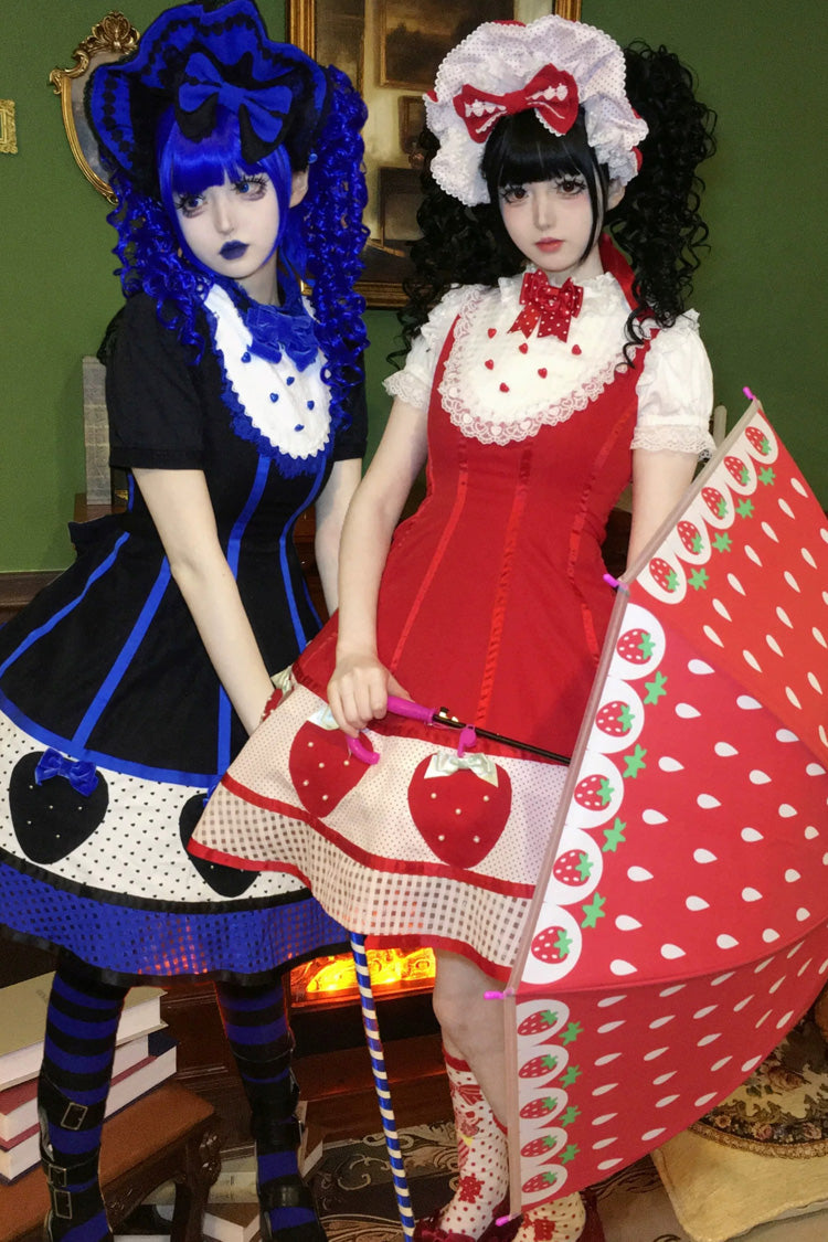 Sweet Lolita Dress with Stand Collar and Bow - Miss Peculiar Strawberry, 2 Shades