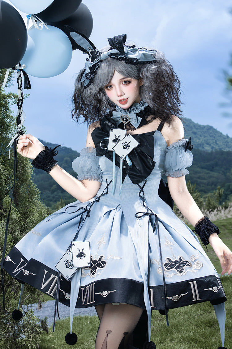 Blue Sleeveless Gothic Lolita JSK Dress Jacquard Ruffled Lace-Up - The Clock Rabbit's Card Game
