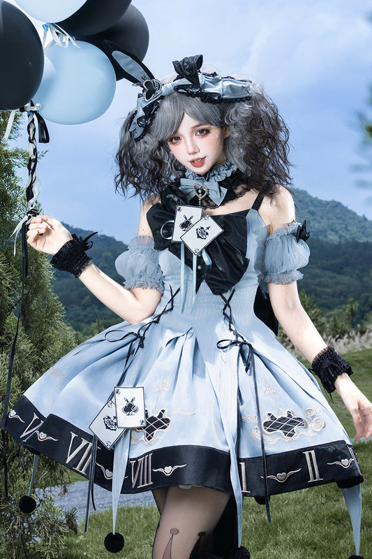 Blue Embroidered Lace-Up JSK Dress with Bow Detail