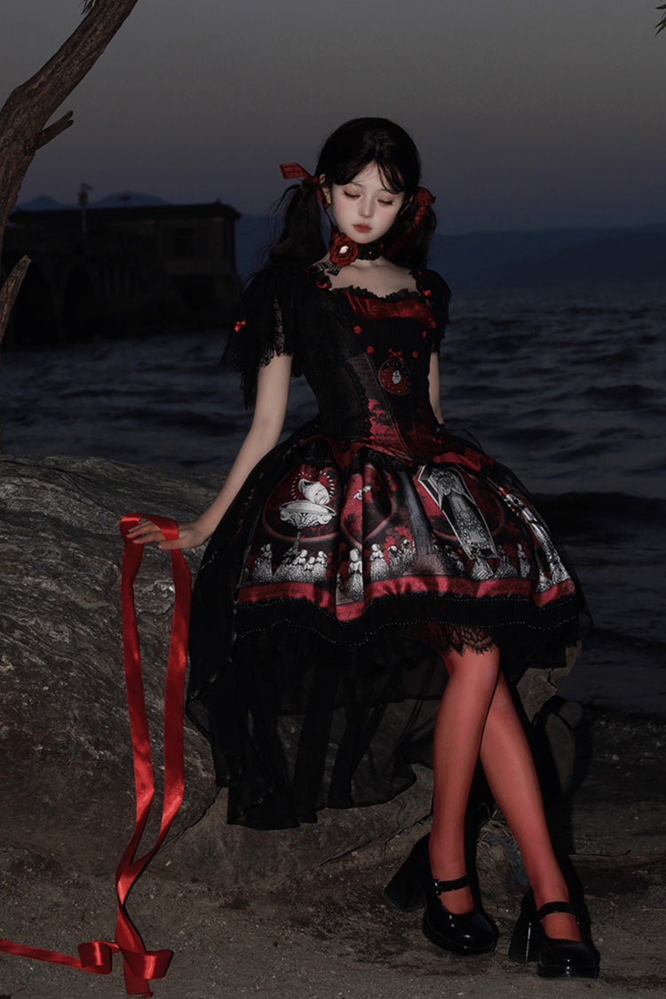 Red Printed Embroidered Gothic Lolita Skirt Dress