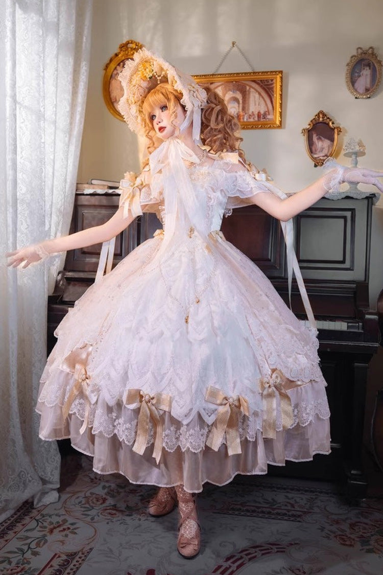 Glazed Phantom Off Shoulder Ruffle Hanayome Bow Lace Elegant Lolita Dress in Yellow