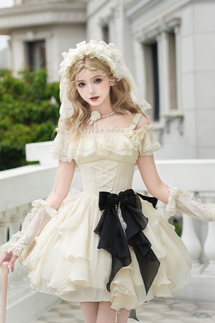 Cream Moonlight Variations Sleeveless Lace-Up Frilled Sweet Lolita Short JSK Dress
