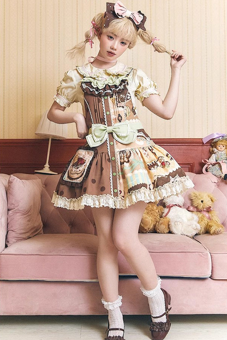 Brown Cake Chocolate Dessert Printed Ruffled Bow Sweet Lolita Strap Dress