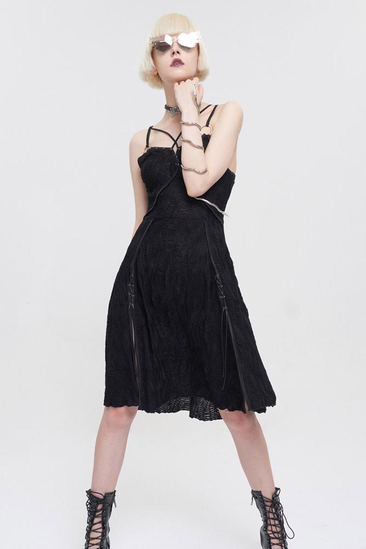 Suspenders Slit Hem Wave Stretch Fabric Punk Dress